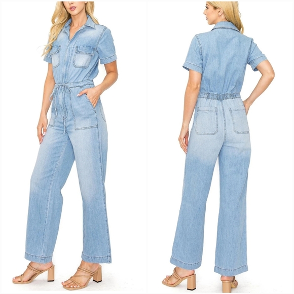 KanCan New Aviator Straight Leg Light Wash Denim Coverall Jumpsuit Size Medium - Picture 1 of 13